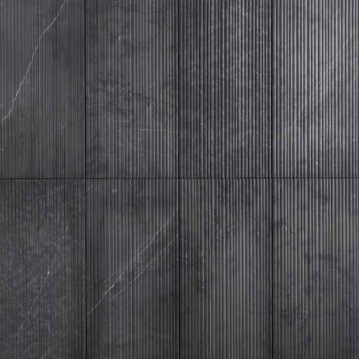 Waves Nero Marquina Black 12x24 Fluted 3D Honed Marble Tile