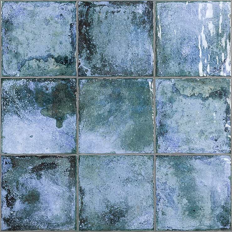 Dunmore Blu 8x8 Polished Ceramic Tile by Angela Harris; in Dark Blue + Light Blue Ceramic; for Backsplash, Bathroom Wall, Kitchen Wall, Shower Wall, Wall Tile; in Style Ideas Beach, Classic, Cottage, Craftsman, Farmhouse, Mediterranean, Mid Century, Traditional