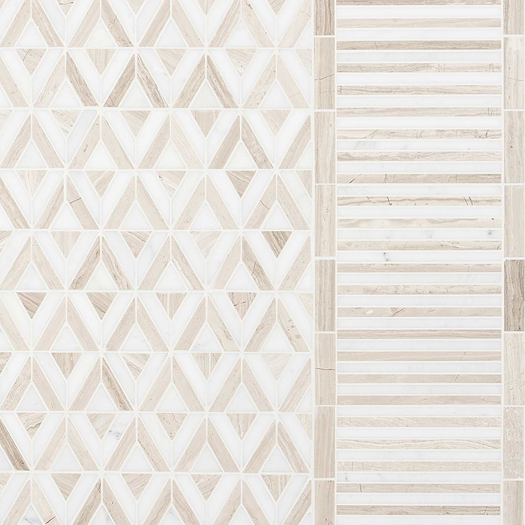 Monroe Border Asian Statuary and Wooden Beige 7.87x8.30 Polished Marble Mosaic Tile
