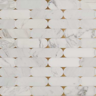 Norway Calacatta White 2x6 Polished Marble and Brass Waterjet Mosaic Tile