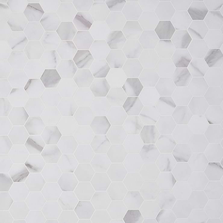 Calacatta White 2" Hexagon Peel & Stick Self Adhesive Marble Look Matte Mosaic Wall Tile