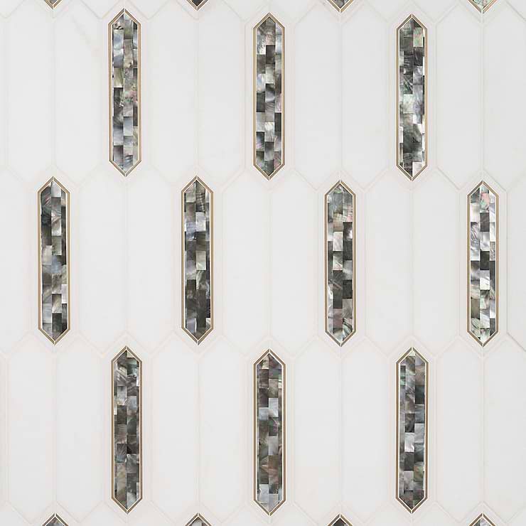 Zeus Black Pearl 2x8 Picket Polished Marble, Pearl and Brass Waterjet Mosaic Tile
