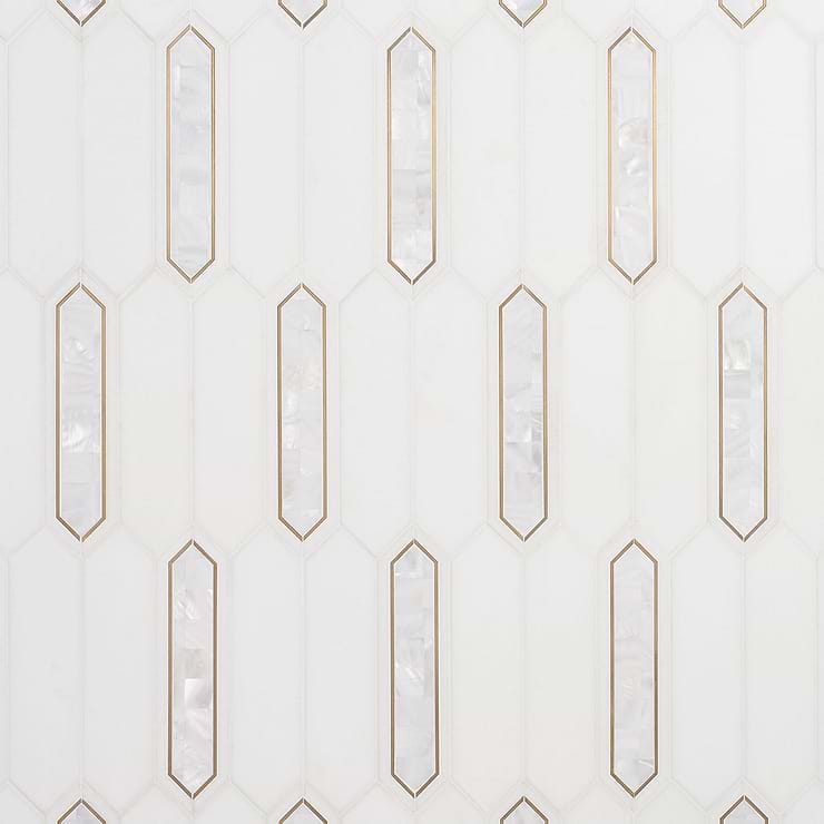 Zeus White Pearl 2x8 Picket Polished Marble, Pearl and Brass Waterjet Mosaic Tile