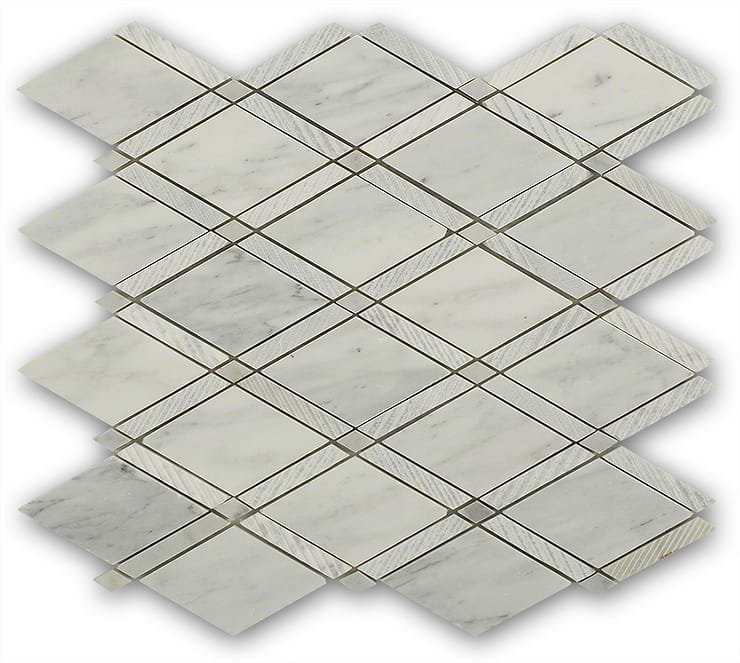Imperial Carrara White Diamond Polished Textured Marble Mosaic; in White w/Gray Carrara; for Backsplash, Kitchen Wall, Wall Tile, Bathroom Wall, Shower Wall, Outdoor Wall; in Style Ideas Craftsman, Traditional