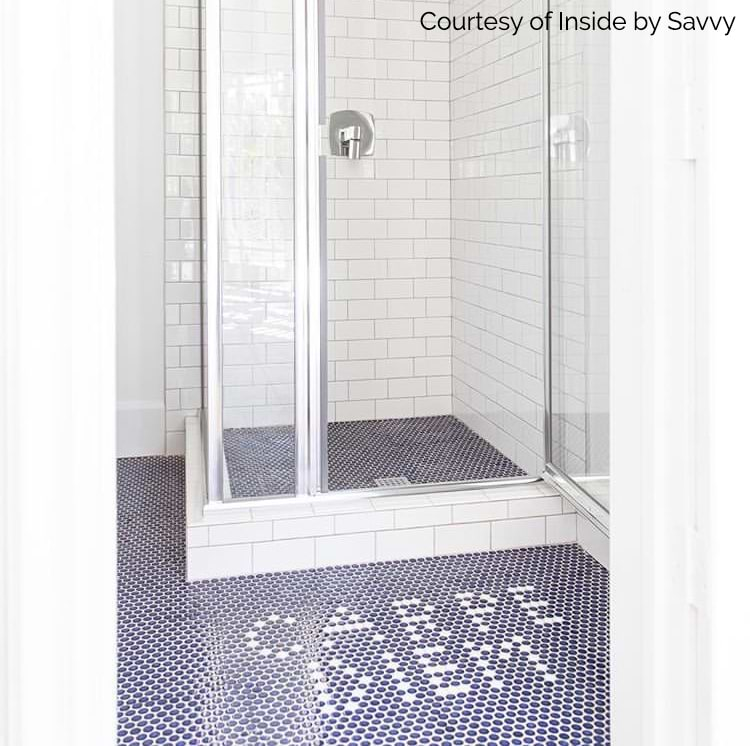 Shower with White Penny Tiles and White Grout - Transitional