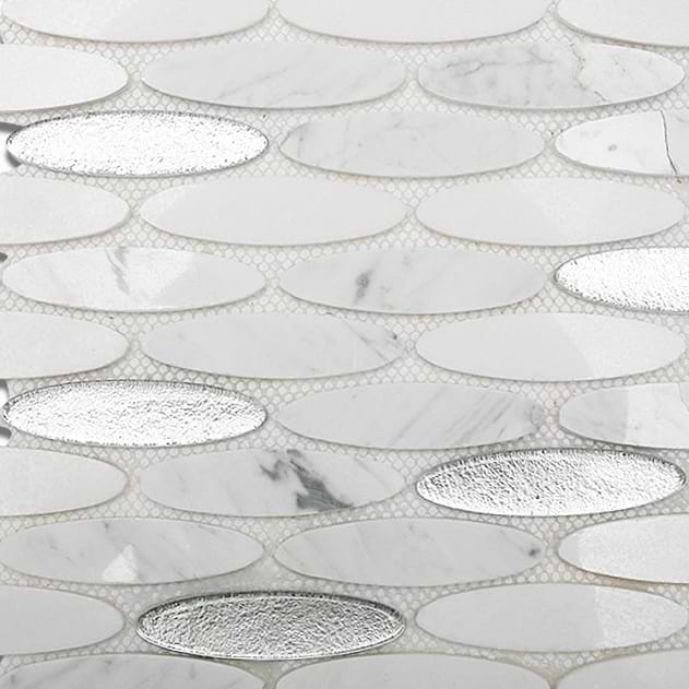 Kinetic Ice Water White 1x4 Oval Polished Marble & Glass Mosaic; in Metallic Silver, White Asian Statuary Marble + White Thassos Marble; for Backsplash, Floor Tile, Kitchen Floor, Kitchen Wall, Wall Tile, Bathroom Floor, Bathroom Wall, Shower Wall; in Style Ideas Art Deco, Beach, Contemporary, Whimsical