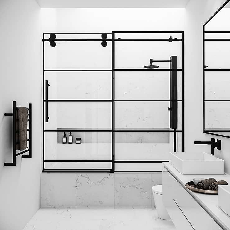Gemello 60x66 Reversible Sliding Bathtub Door with Grid Glass in Matte Black; in Style Ideas Classic, Contemporary, Modern, Traditional, Transitional