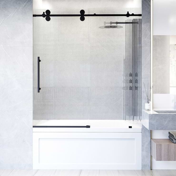 Gemello 60x66 Left Sliding Bathtub Door with Fluted Glass in Matte Black; in Style Ideas Classic, Contemporary, Modern, Traditional, Transitional