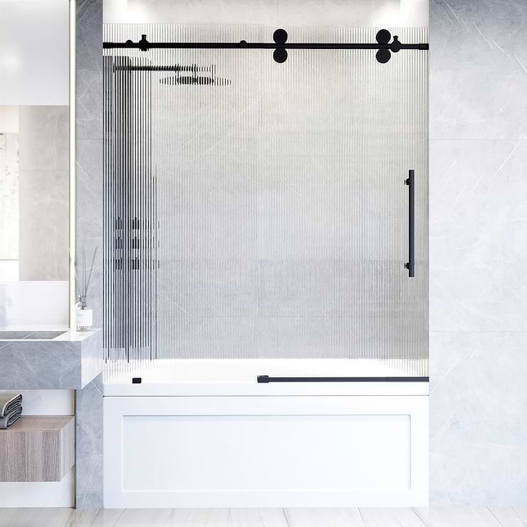 Gemello 60x66 Right Sliding Bathtub Door with Fluted Glass in Matte Black; in Style Ideas Classic, Contemporary, Modern, Traditional, Transitional