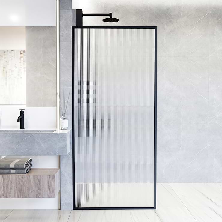 Finestra 34x74 Reversible Fixed Shower Door with Fluted Glass in Matte Black; in Style Ideas Classic, Contemporary, Modern, Traditional, Transitional
