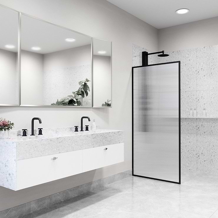 Finestra 34x74 Reversible Screen Shower Door with Fluted Glass in Matte Black