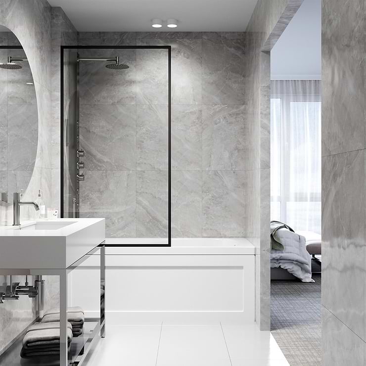 Finestra 34x62 Reversible Screen Bathtub Door with Clear Glass in Matte Black
