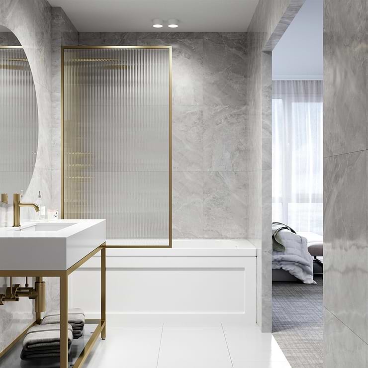 Finestra 34x62 Reversible Screen Bathtub Door with Fluted Glass in Brushed Gold