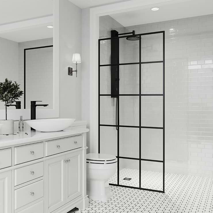 Finestra 34x74 Reversible Screen Shower Door with Grid Glass in Matte Black