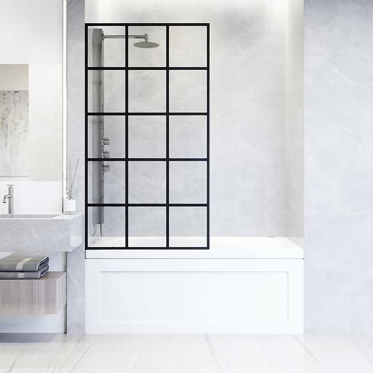 Finestra 34x62 Reversible Fixed Bathtub Door with Grid Glass in Matte Black; in Style Ideas Classic, Contemporary, Modern, Traditional, Transitional