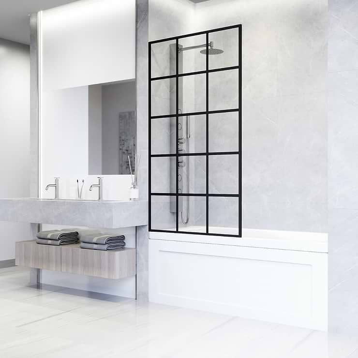 Finestra 34x62 Reversible Screen Bathtub Door with Grid Glass in Matte Black