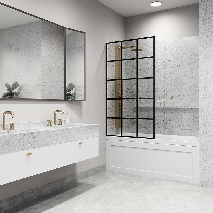 Finestra 34x62 Reversible Screen Bathtub Door with Grid Glass in Matte Black