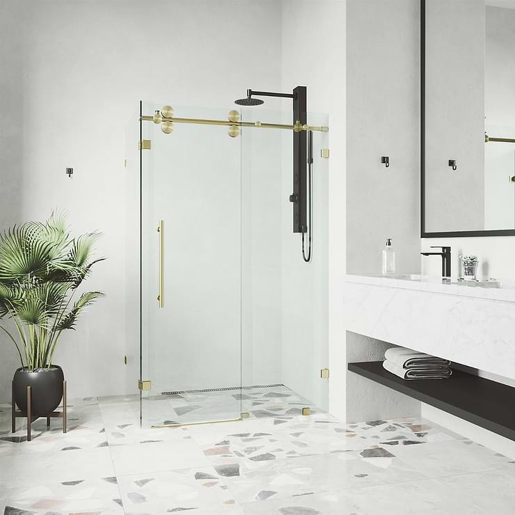 Legato 36x48x74 Reversible Sliding Enclosure Shower Door with Clear Glass in Brushed Gold