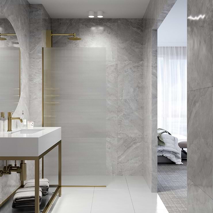 Nuvo 34x74 Reversible Fixed Shower Door with Fluted Glass in Brushed Gold; in Style Ideas Classic, Contemporary, Modern, Traditional, Transitional