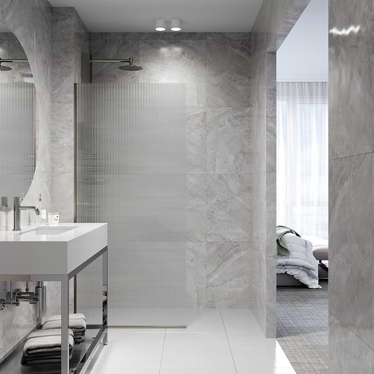 Nuvo 34x74 Reversible Fixed Shower Door with Fluted Glass in Stainless Steel; in Style Ideas Classic, Contemporary, Modern, Traditional, Transitional
