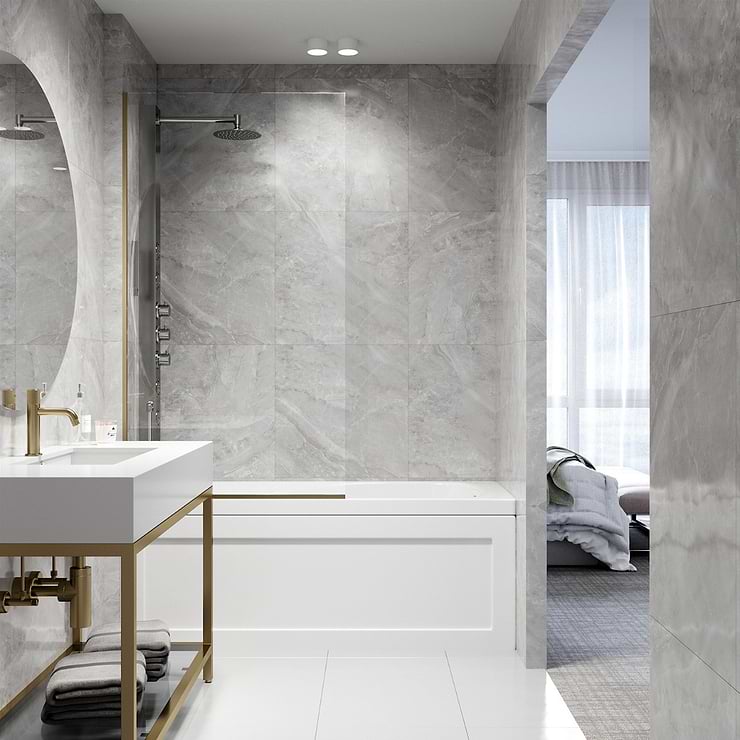 Nuvo 34x62 Reversible Fixed Bathtub Door with Clear Glass in Brushed Gold; in Style Ideas Classic, Contemporary, Modern, Traditional, Transitional