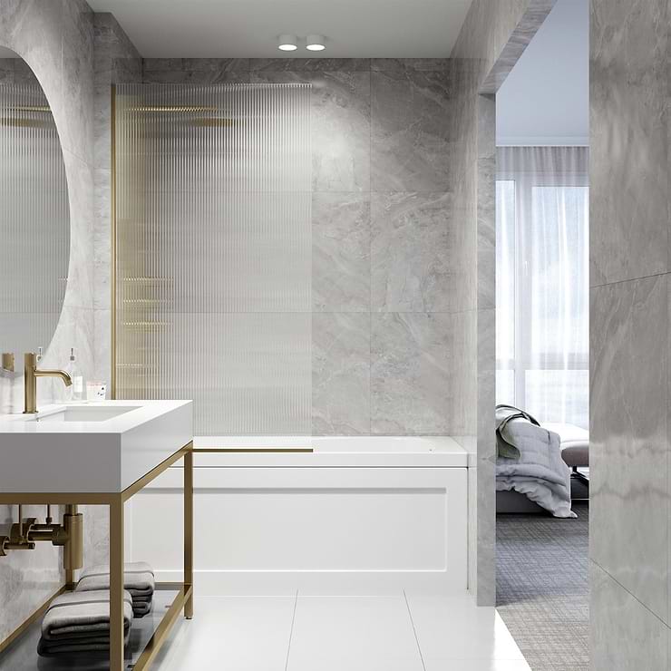 Nuvo 34x62 Reversible Fixed Bathtub Door with Fluted Glass in Brushed Gold; in Style Ideas Classic, Contemporary, Modern, Traditional, Transitional
