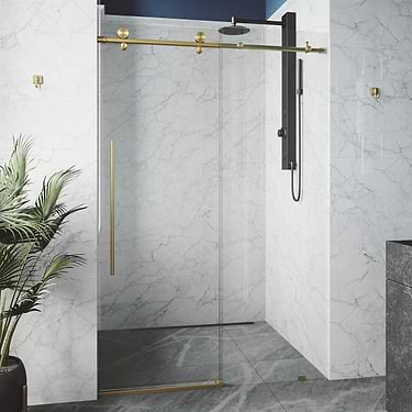 Volare 60x76 Reversible Sliding Shower Door with Clear Glass in Brushed Gold
