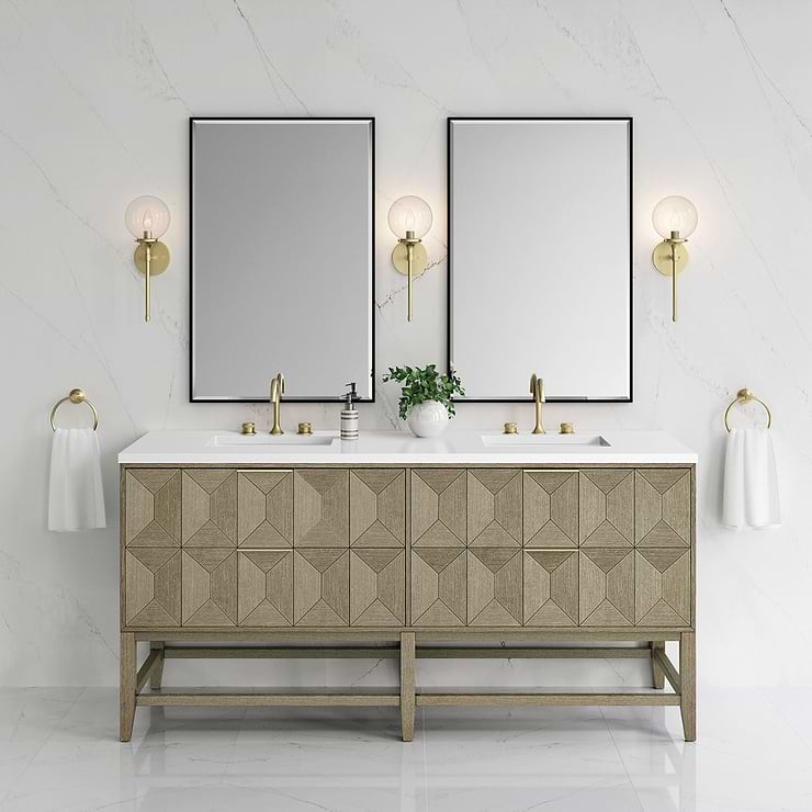 Emmeline Pebble Oak 72" Vanity with White Quartz Counter by JMV; in Style Ideas Art Deco, Classic, Mid Century, Modern; released 2024; new, trends
