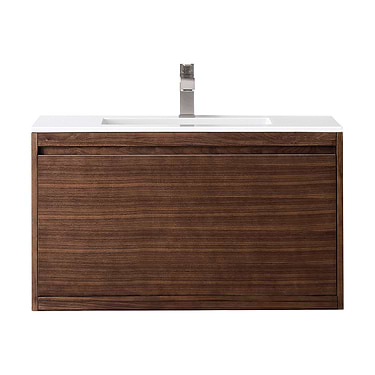 James Martin Vanities Milan 36" Mid Century Walnut Brown Vanity with Glossy White Solid Surface Counter