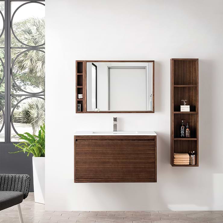 Milan 36" Mid Century Walnut Vanity and Glossy White Counter by JMV; in Mid Century Walnut Wood; released 2024; new, trends