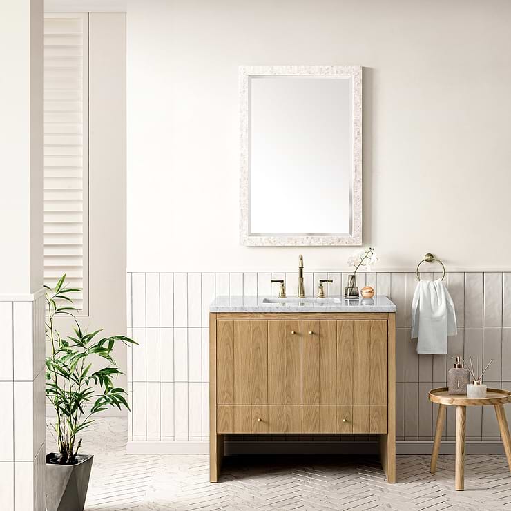 Hudson 36" Light Natural Oak Single Vanity with Carrara Marble Top by JMV; in Light Natural Oak Wood; in Style Ideas Classic, Craftsman, Farmhouse, Industrial, Mid Century, Traditional; released 2023; new, trends
