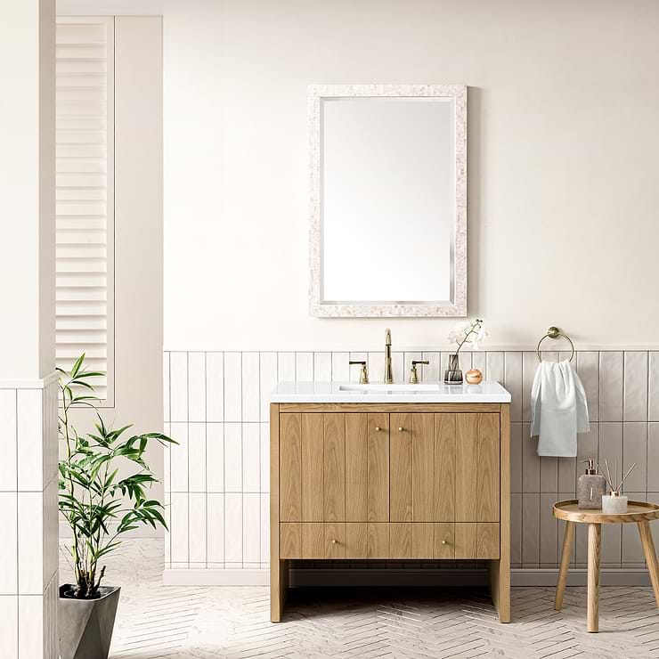 Hudson 36" Light Natural Oak Single Vanity with White Zeus Quartz Top by JMV; in Light Natural Oak Wood; in Style Ideas Classic, Craftsman, Farmhouse, Industrial, Mid Century, Traditional; released 2023; new, trends