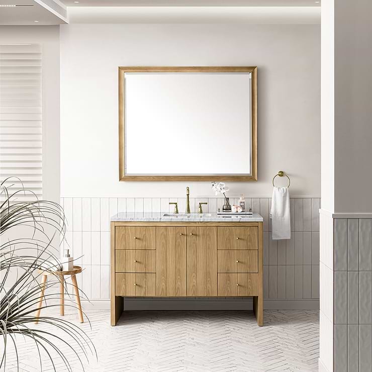 Hudson 48" Light Natural Oak Single Vanity with Carrara Marble Top by JMV; in Light Natural Oak Wood; in Style Ideas Classic, Craftsman, Farmhouse, Industrial, Mid Century, Traditional; released 2023; new, trends