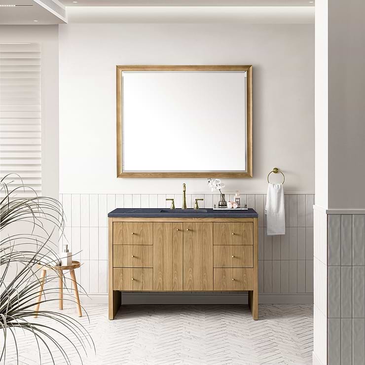 Hudson Oak Brown 48" Single Vanity with Charcoal Gray Quartz Counter by JMV; in Light Natural Oak Wood; in Style Ideas Classic, Craftsman, Farmhouse, Industrial, Mid Century, Traditional; released 2023; new, trends