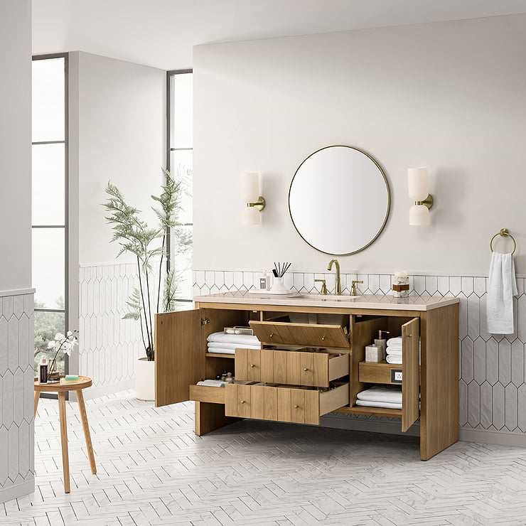 James Martin Vanities Hudson Light Natural Oak Brown 60"  Single Vanity with Eternal Marfil Quartz Top