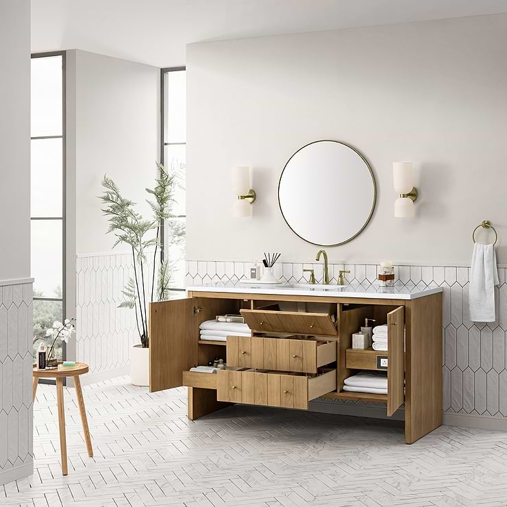 James Martin Vanities Hudson Light Natural Oak Brown 60"  Single Vanity with White Zeus Quartz Top