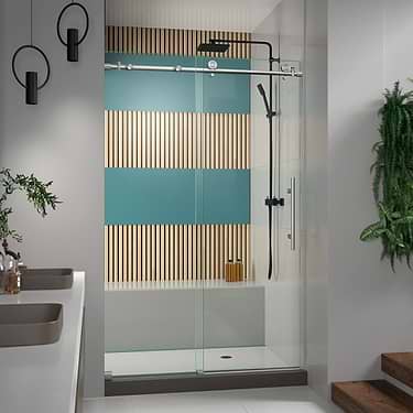 Enigma-X 48x76 Reversible Sliding Shower Alcove Door with Clear Glass in Brushed Stainless Steel by DreamLine