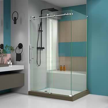 Enigma-X 48x36x76 Reversible Sliding Enclosure Shower Door with Clear Glass in Polished Stainless Steel by DreamLine