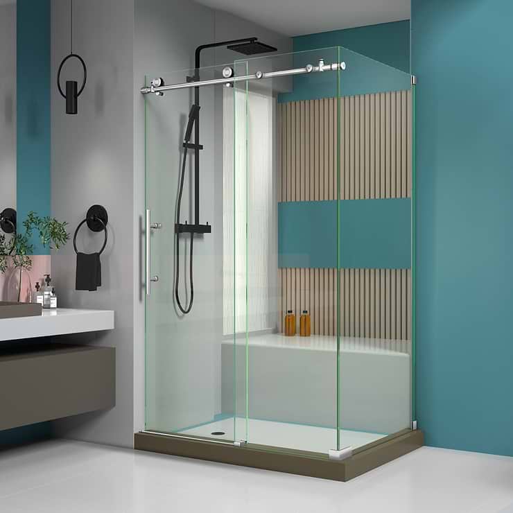 Enigma-X 48x34x76 Reversible Sliding Enclosure Shower Door with Clear Glass in Brushed Stainless Steel by DreamLine; in Style Ideas Classic, Contemporary, Modern, Traditional, Transitional; released 2023; new, trends