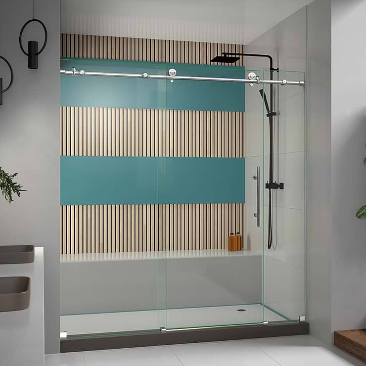 Enigma-X 72x76 Reversible Sliding Shower Alcove Door with Clear Glass in Polished Stainless Steel by DreamLine; in Style Ideas Classic, Contemporary, Modern, Traditional, Transitional; released 2023; new, trends