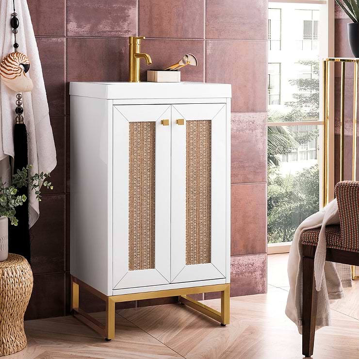 Chianti Glossy White 20" Single Vanity with Gold Hardware and White Top by JMV; in Glossy White Wood; in Style Ideas Classic, Contemporary, Craftsman, Mid Century; released 2024; new, trends