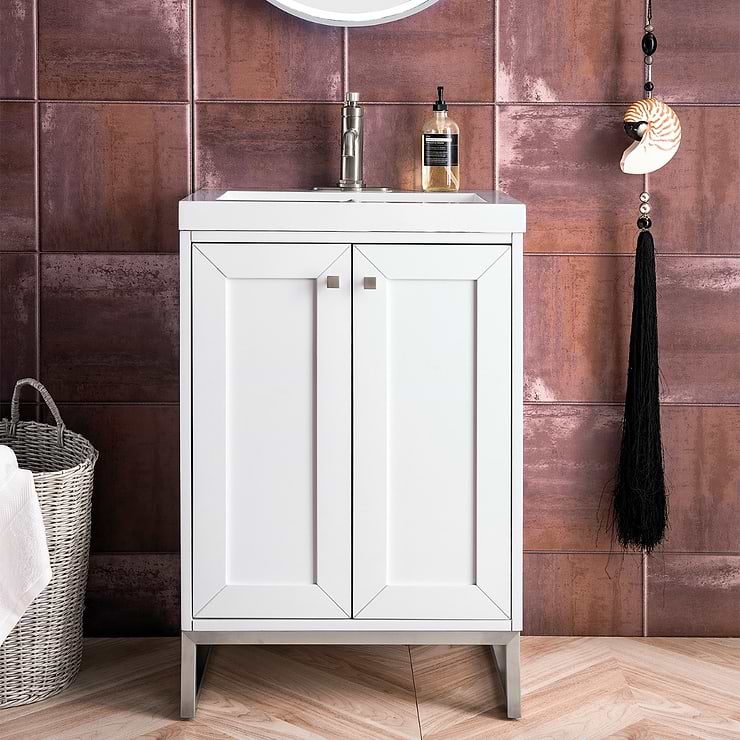 Chianti Glossy White 24" Single Vanity with Brushed Nickel Hardware and White Top by JMV; in Glossy White Wood; in Style Ideas Classic, Contemporary, Craftsman, Modern; released 2024; new, trends
