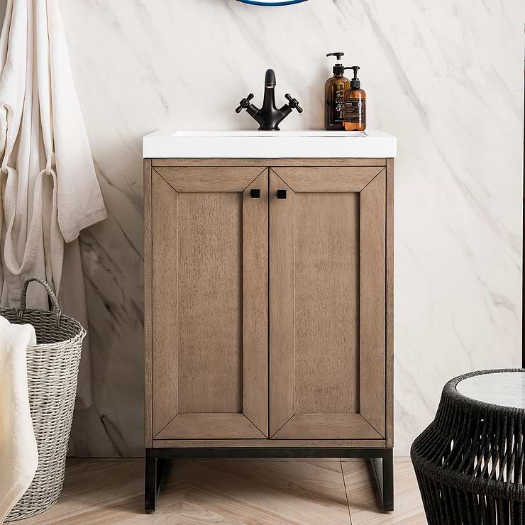 Chianti Whitewashed Walnut 24" Single Vanity with Black Hardware and White Top by JMV; in Whitewashed Walnut Wood; in Style Ideas Classic, Contemporary, Craftsman, Modern; released 2024; new, trends