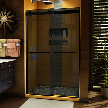 Sapphire 48x76 Reversible Sliding Shower Door with Gray Glass in Satin Black by DreamLine