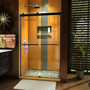 Sapphire 48x76 Reversible Sliding Shower Door with Clear Glass in Satin Black by DreamLine