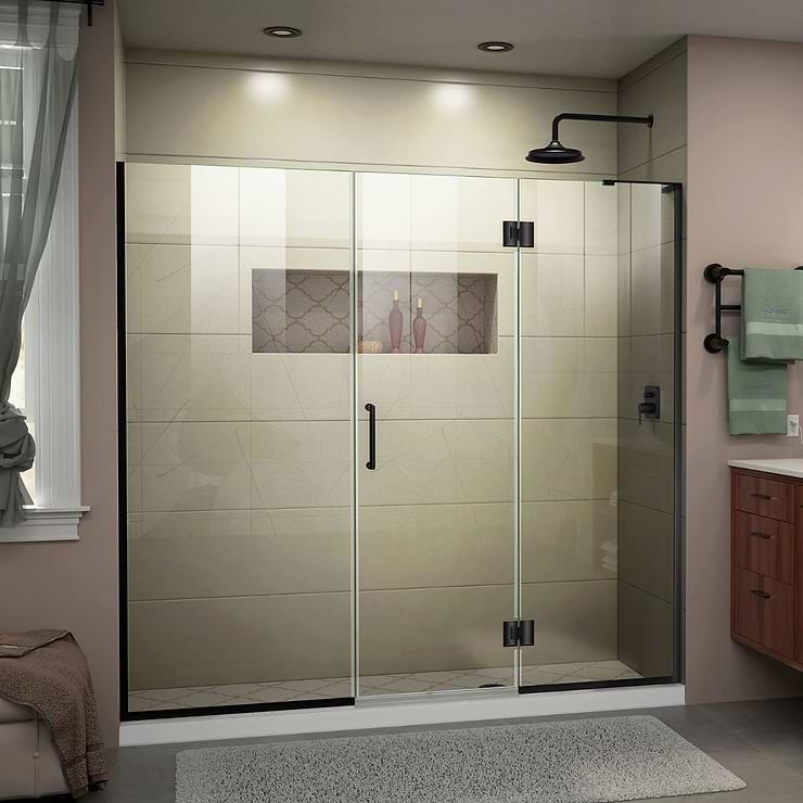 Unidoor-X 73x72 Left Hinged Shower Alcove Door with Clear Glass in Satin Black by DreamLine; in Style Ideas Classic, Contemporary, Modern, Traditional, Transitional