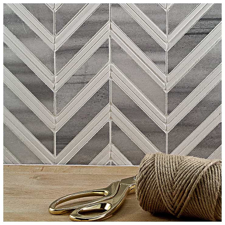 Monarch Cipollino Gray Herringbone Polished Marble Mosaic; in Gray + White Cipolino + Thassos; for Backsplash, Floor Tile, Kitchen Floor, Kitchen Wall, Wall Tile, Bathroom Floor, Bathroom Wall, Shower Wall, Shower Floor, Outdoor Wall, Commercial Floor; in Style Ideas Craftsman, Farmhouse