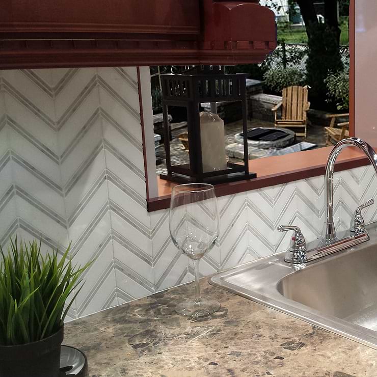 Monarch White Thassos With Carrara Herringbone Polished Marble Tile