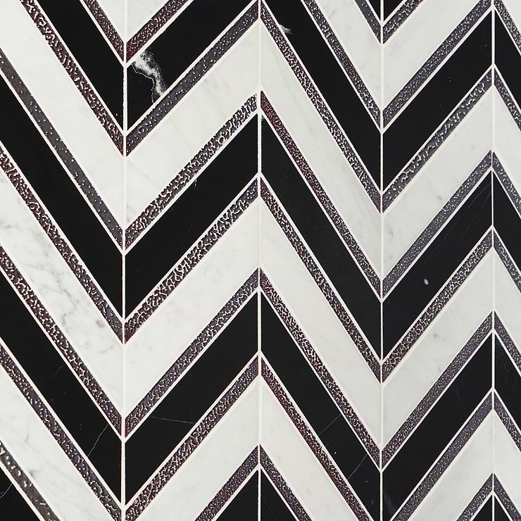 Magma Chevron Verona Black & White Marble & Lava Stone Polished Mosaic Tile