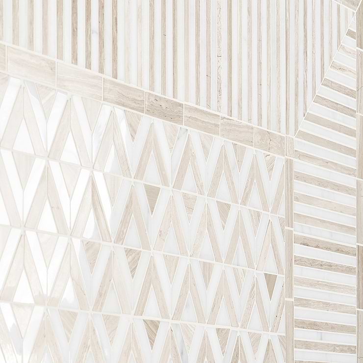 Monroe Triangle Asian Statuary and Wooden Beige Marble Mosaic Tile